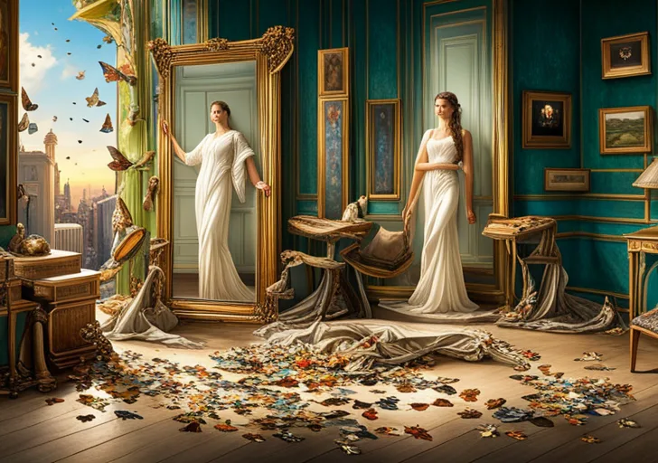 An image of a mirror reflecting a confident person, surrounded by butterflies, with discarded masks and shackles at their feet, signifying overcoming insecurities and transformation