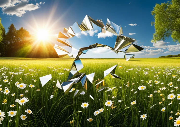 E an image of a shattered mirror with each piece reflecting a different person's supportive expression, amidst a background of an open, sunny meadow symbolizing personal growth and change