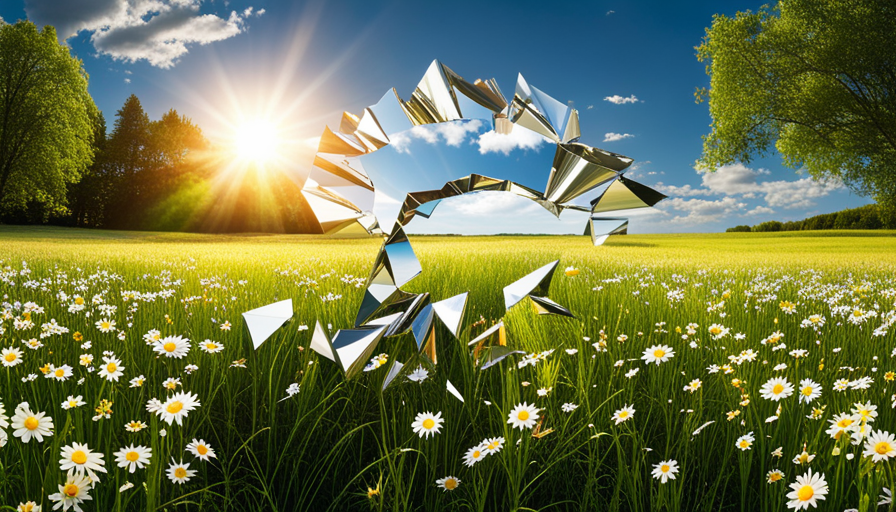E an image of a shattered mirror with each piece reflecting a different person's supportive expression, amidst a background of an open, sunny meadow symbolizing personal growth and change
