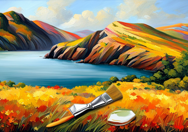 An image of a frayed, overworked paintbrush next to a carefree palette of mixed colors, with a half-painted canvas showing a serene, incomplete landscape in the background