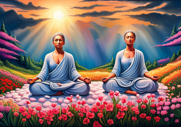 A tranquil scene with a person meditating, surrounded by blooming flowers, under a radiant sun, with chains around their body breaking apart, symbolizing the release of negativity