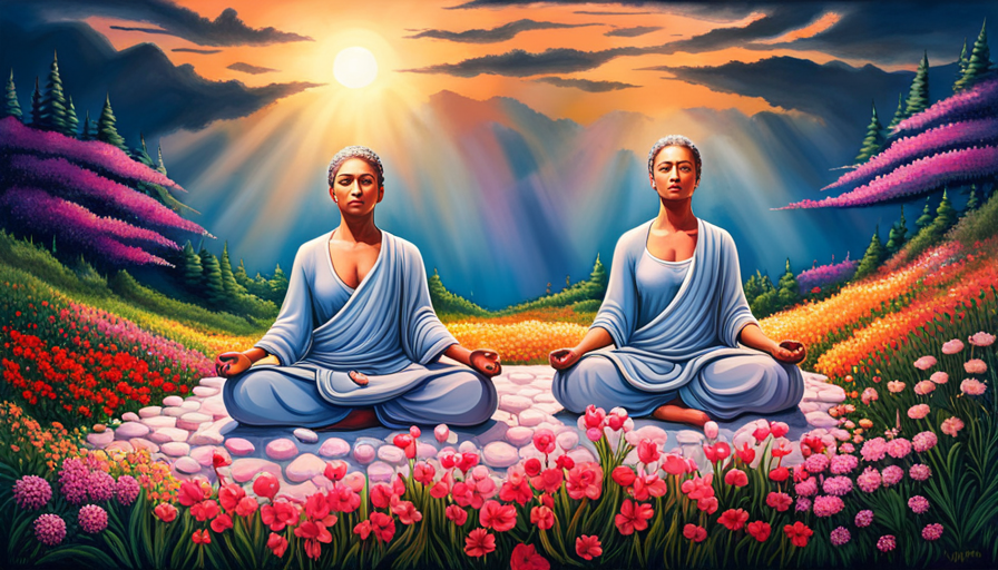 A tranquil scene with a person meditating, surrounded by blooming flowers, under a radiant sun, with chains around their body breaking apart, symbolizing the release of negativity