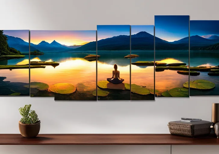 An image of a serene person meditating by a tranquil lake, with lotus flowers around, under a soft glow of sunrise, conveying a sense of inner peace and harmony with nature