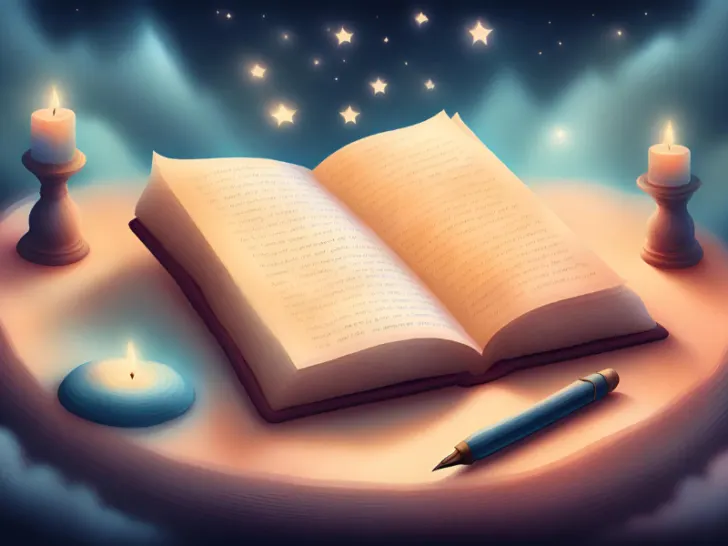 An open book with candles and a pen on a table, inspiring ideas for poems.