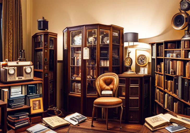 Ate a cozy antique shop interior with assorted vintage items: rotary phones, vinyl records, classic cameras, lace dresses, leather-bound books, and an old bicycle, all bathed in warm, soft light