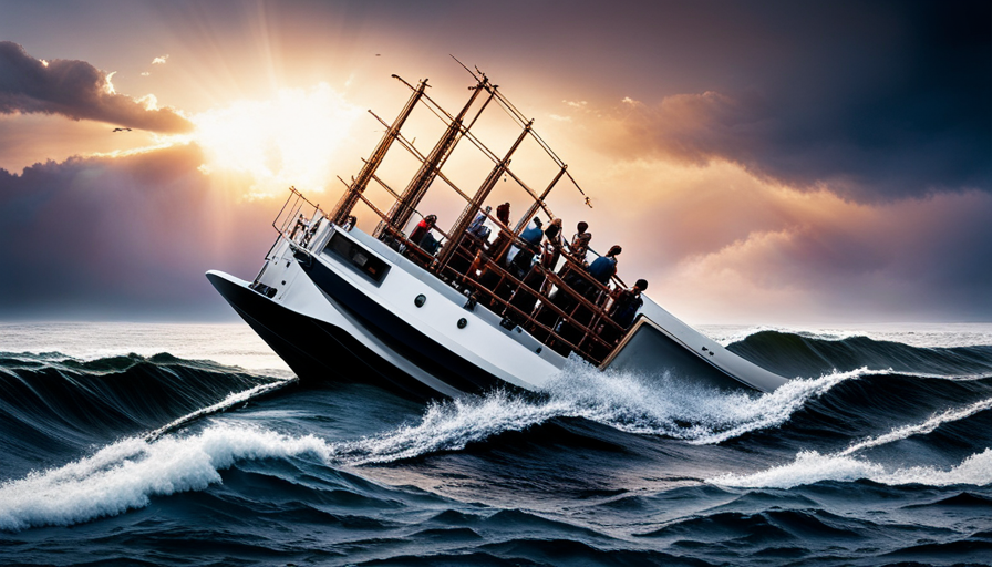 An image featuring a diverse group of individuals following a confident person standing at the helm of a ship steering through stormy seas towards a beam of light on the horizon