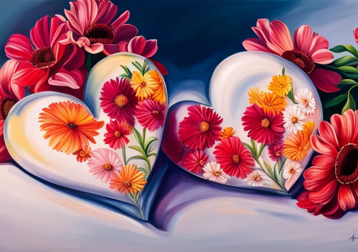 An image of a delicate glass heart surrounded by a cushion of vibrant, protective flowers, under a gentle, soft light, with a single feather brushing against it