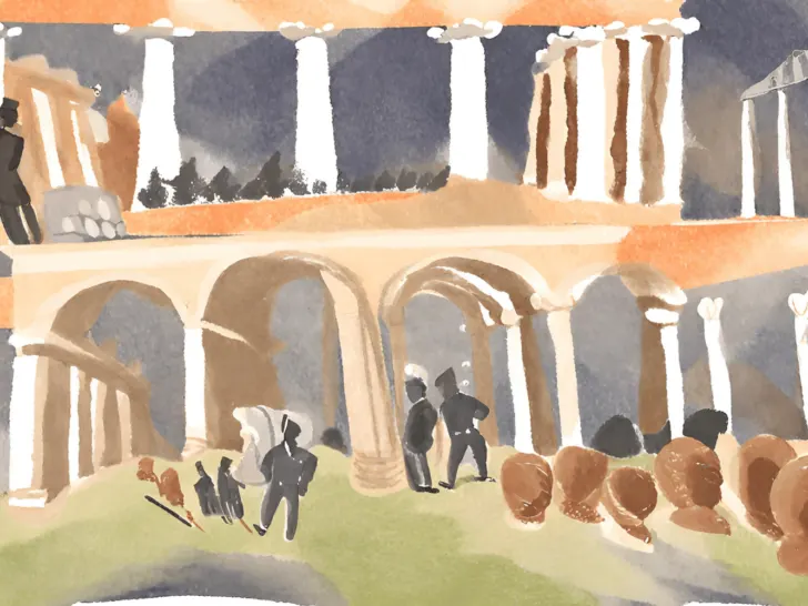 A watercolor illustration of a group of people in front of a building, offering a glimpse into the past.