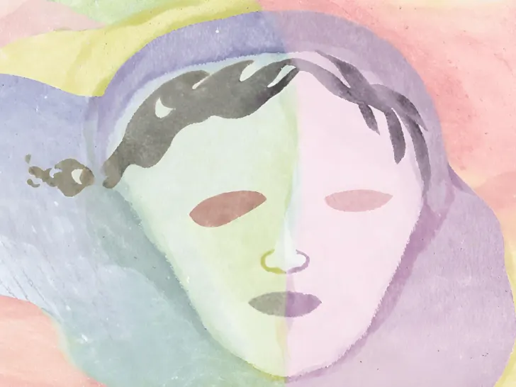 A watercolor painting of a woman with a mask, highlighting the importance of mental health.