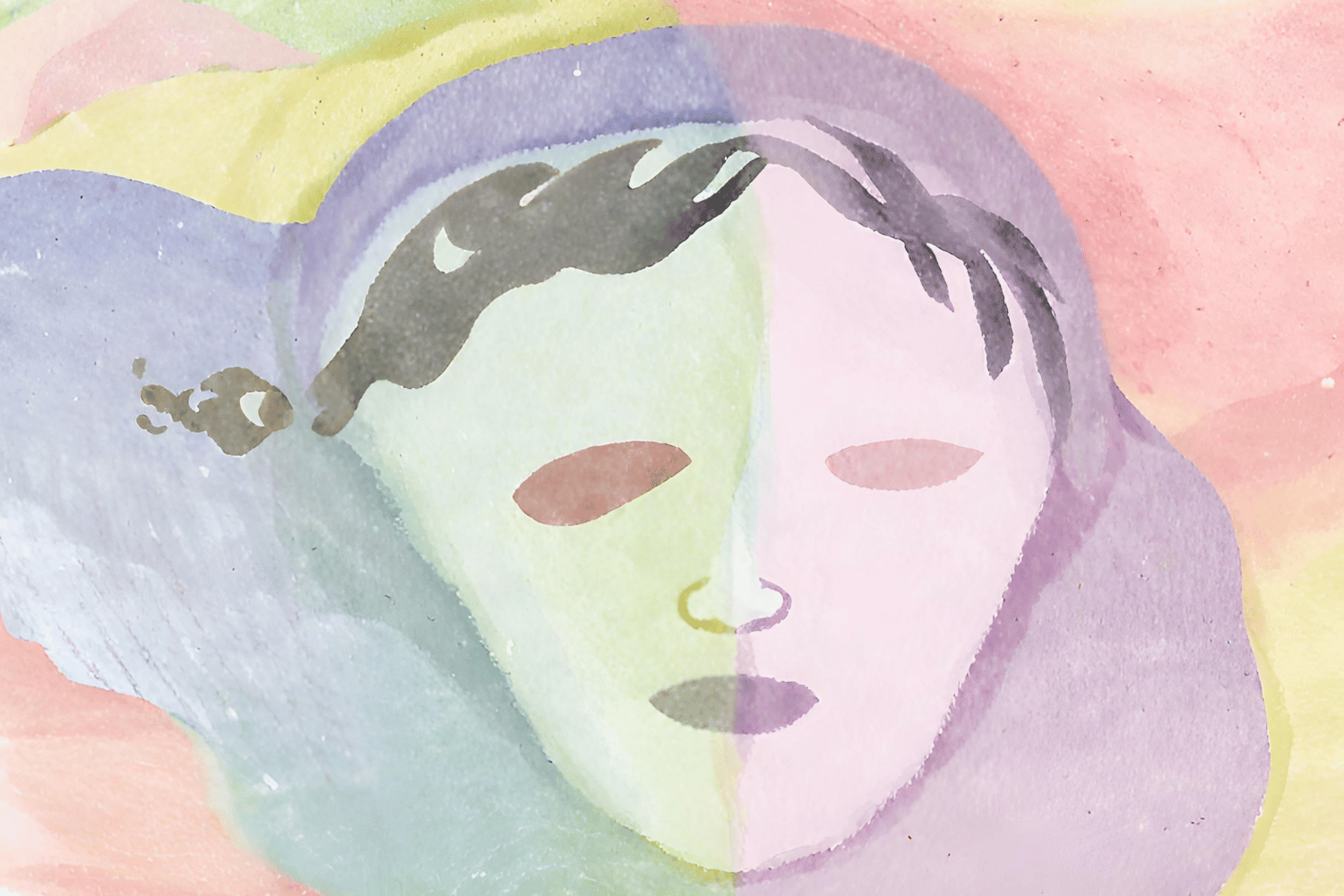 A watercolor painting of a woman with a mask, highlighting the importance of mental health.
