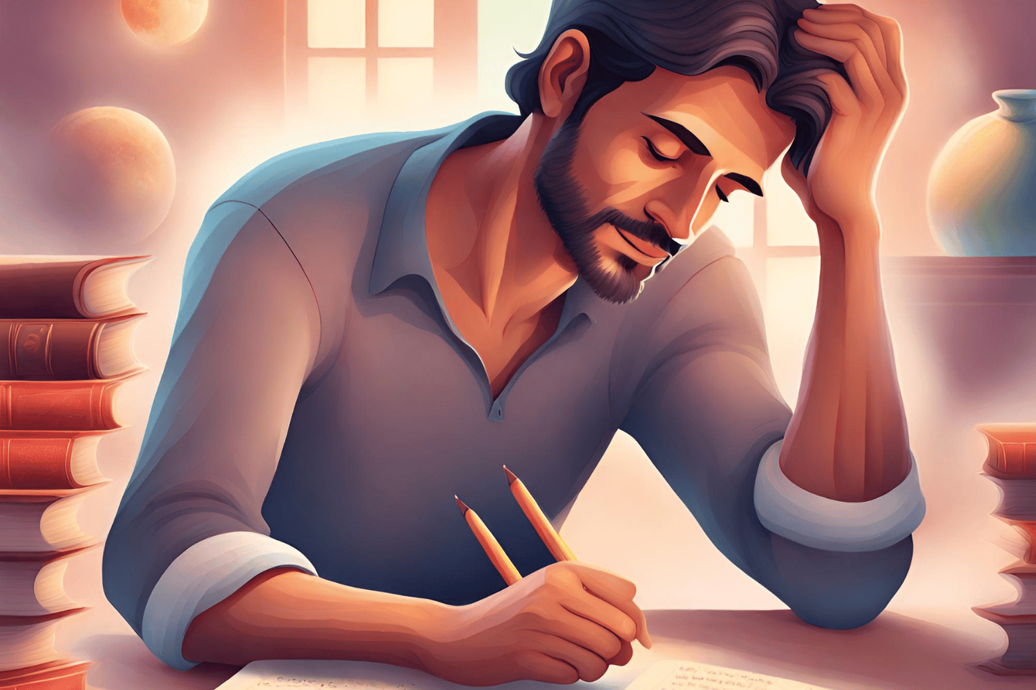 An illustration of a man sitting at a desk with books in front of him, studying Spanish.