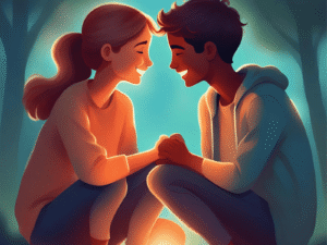 An illustration depicting a couple peacefully sitting together, immersed in the tranquil ambiance of the woods while contemplating on how to be better friends.