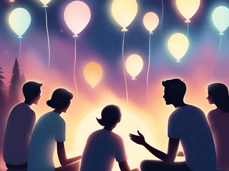 A group of people making friends around a campfire with balloons in the sky.