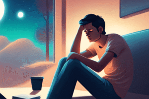 A man sitting on a couch in front of the moon, learning how to not be boring.