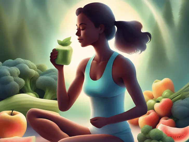 A woman staying healthy by drinking a green smoothie while surrounded by the lush forest.