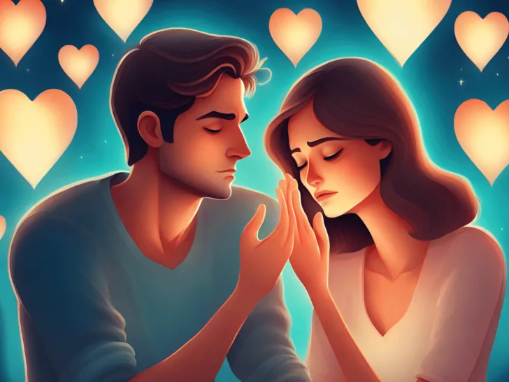 A man and woman hugging in front of hearts, showing a loving embrace.