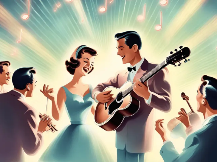 An illustration of a man and woman playing a guitar, capturing the spirit of music in the 1950s.