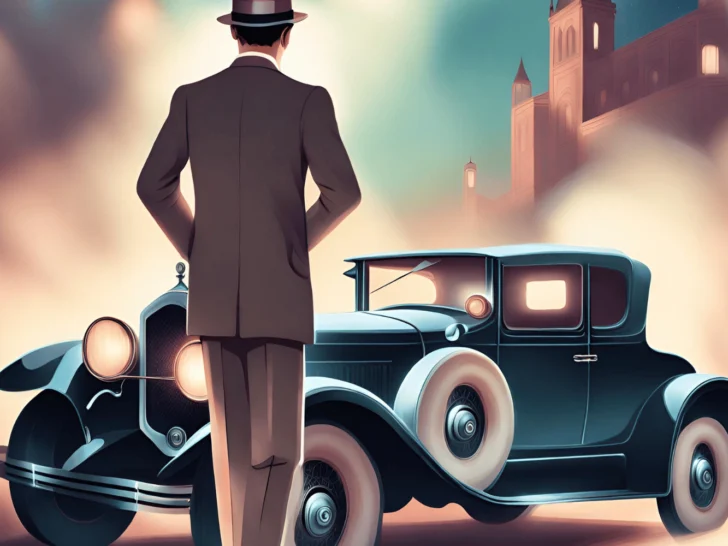 A man in a suit is standing next to a vintage car, reflecting the style and glamour of the 1920s.