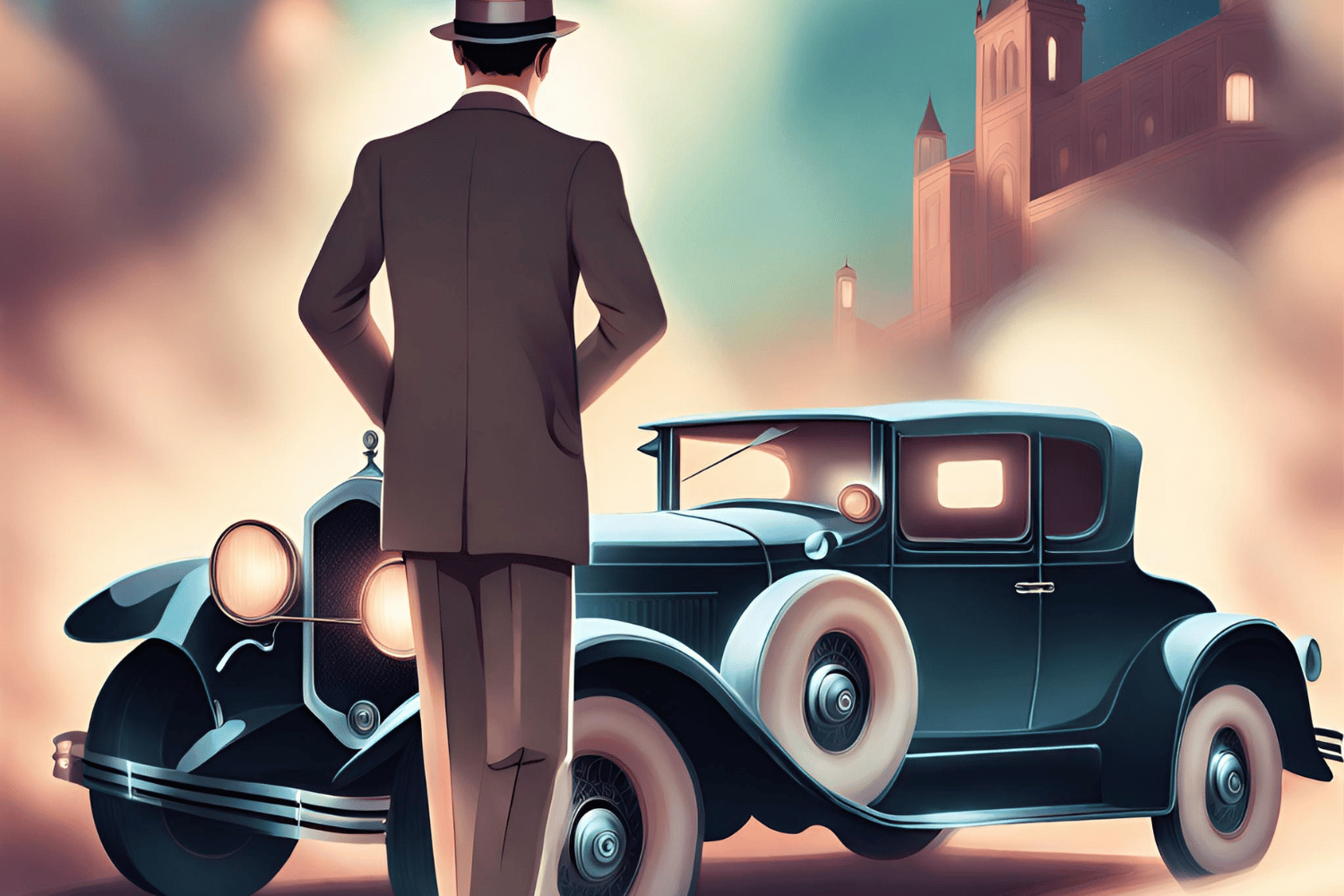 A man in a suit is standing next to a vintage car, reflecting the style and glamour of the 1920s.