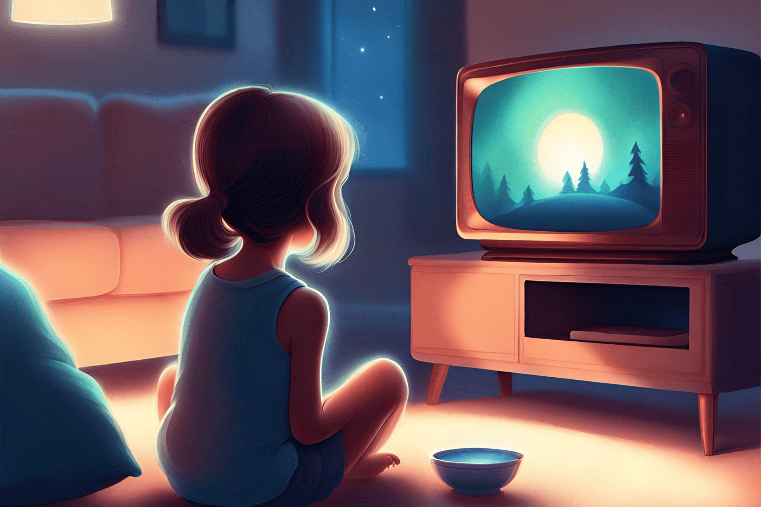 A girl sitting on the floor watching Disney shows from the 2000s on TV.