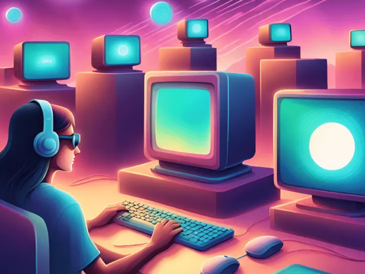 A transformational illustration of a woman using a computer in the 2000s.