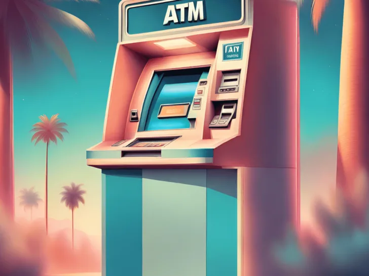 An era-defining invention from the 1960s, an ATM machine, stands tall against a backdrop of beautiful palm trees.