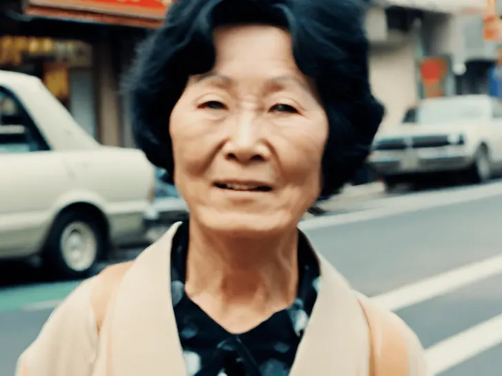 A woman wearing a tan jacket in Japan in the 70s.
