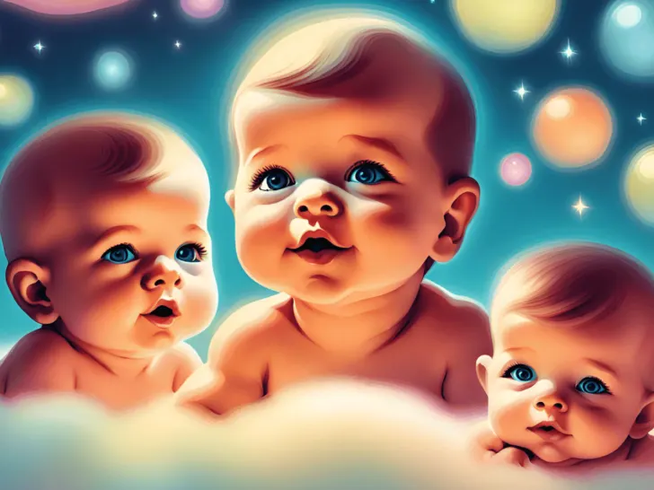 An iconic portrayal of three babies floating in the clouds, capturing the essence of the 60s era.