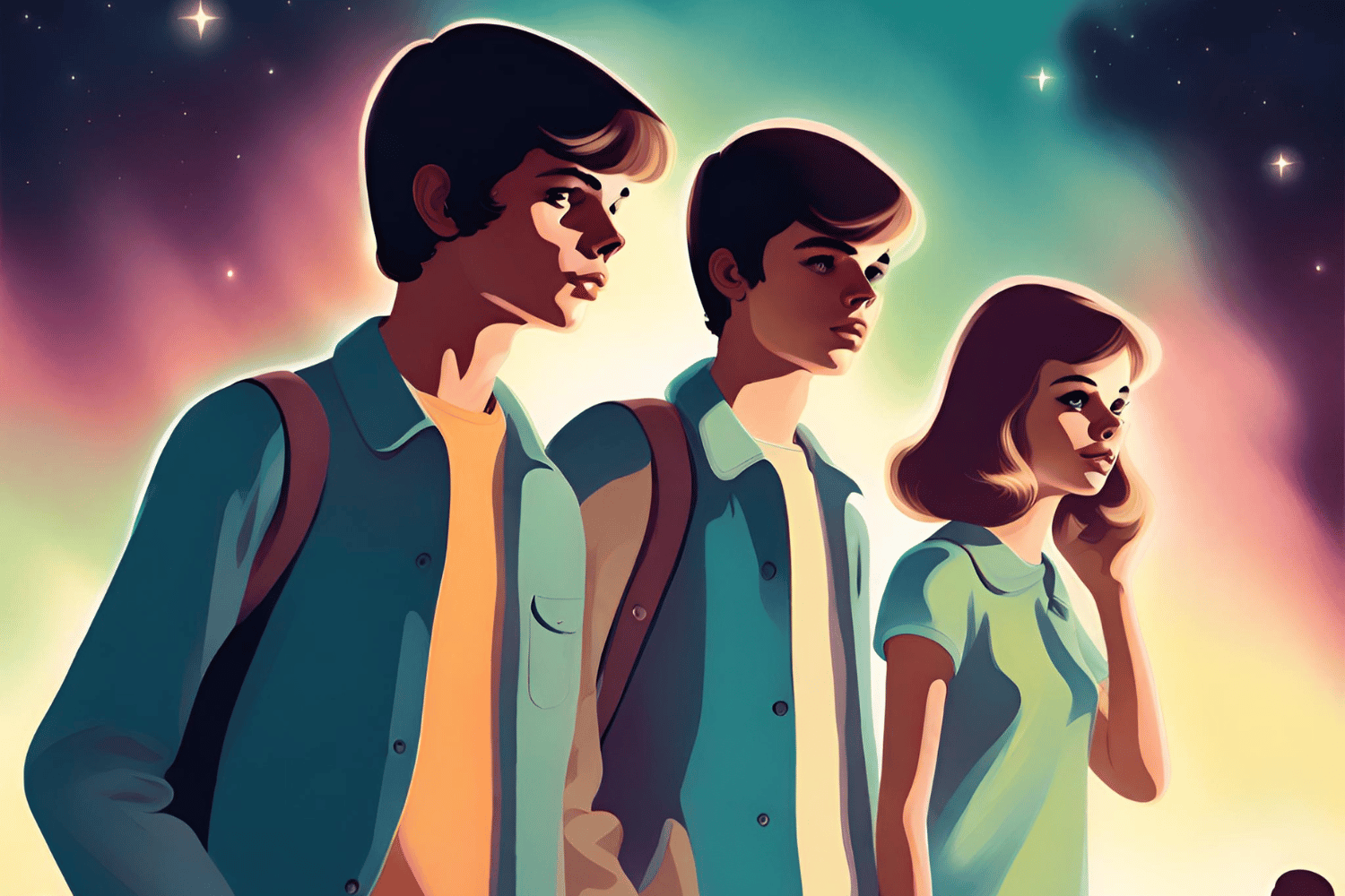 Three teenagers standing in front of a starry sky, representing youth culture in the 1960s.