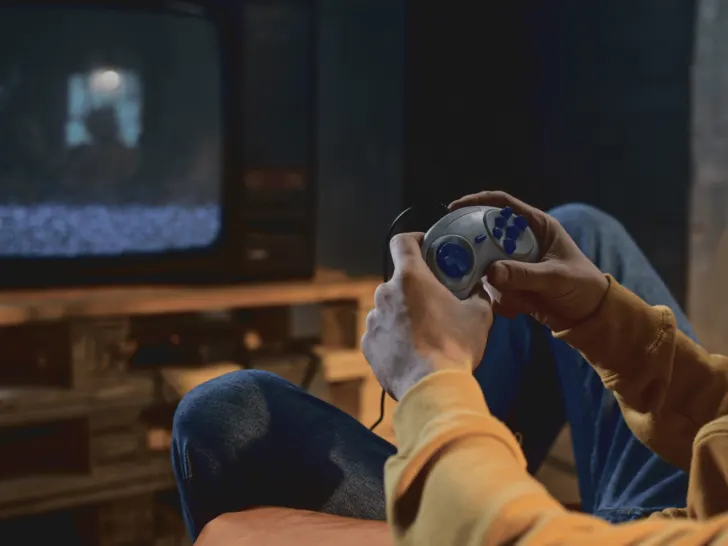 A man enjoying digital entertainment by playing a video game in front of a television.