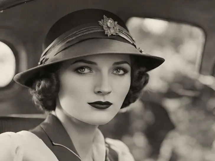 A woman in a hat, experiencing key moments during the transformative decade of the 1930s, sits in a car.