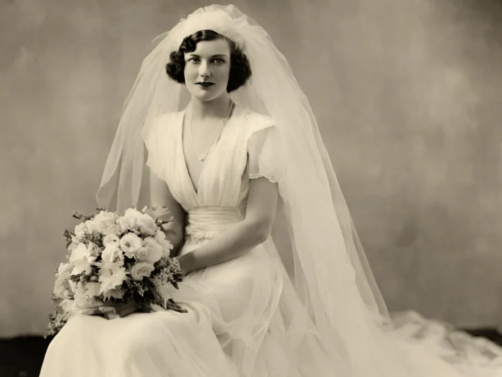 A woman in a vintage wedding dress with a bouquet of flowers.