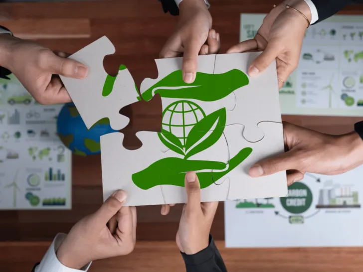 A group of people working together on a puzzle piece with a green globe on it to drive positive change for society as a social impact company.