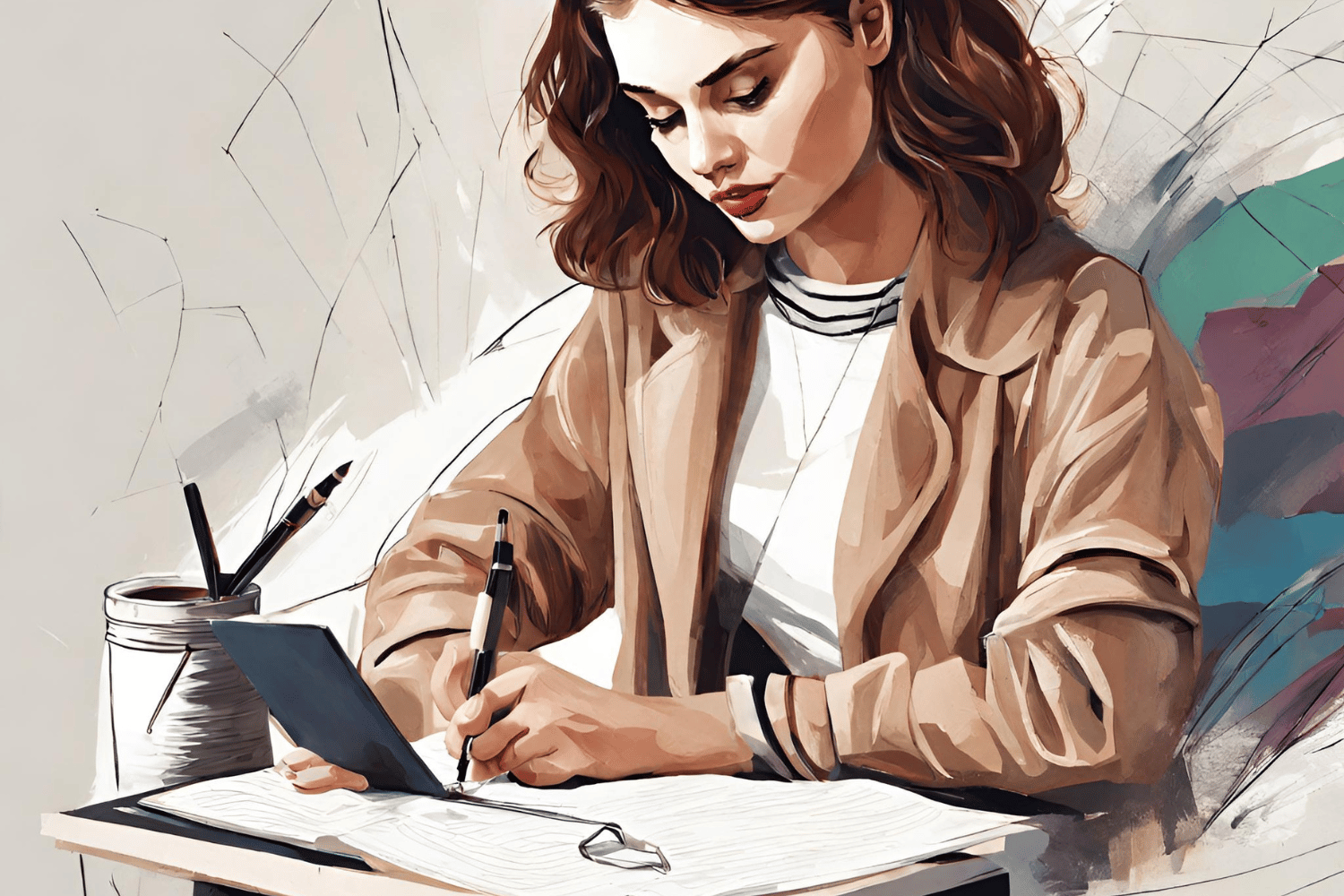 An inspiring illustration of a woman writing at a desk, exuding women empowerment.