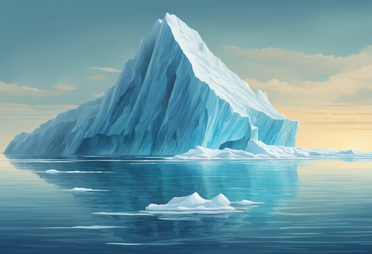 A large iceberg floats in calm, reflective blue water under a partially cloudy sky, where hidden meanings lie beneath the surface.
