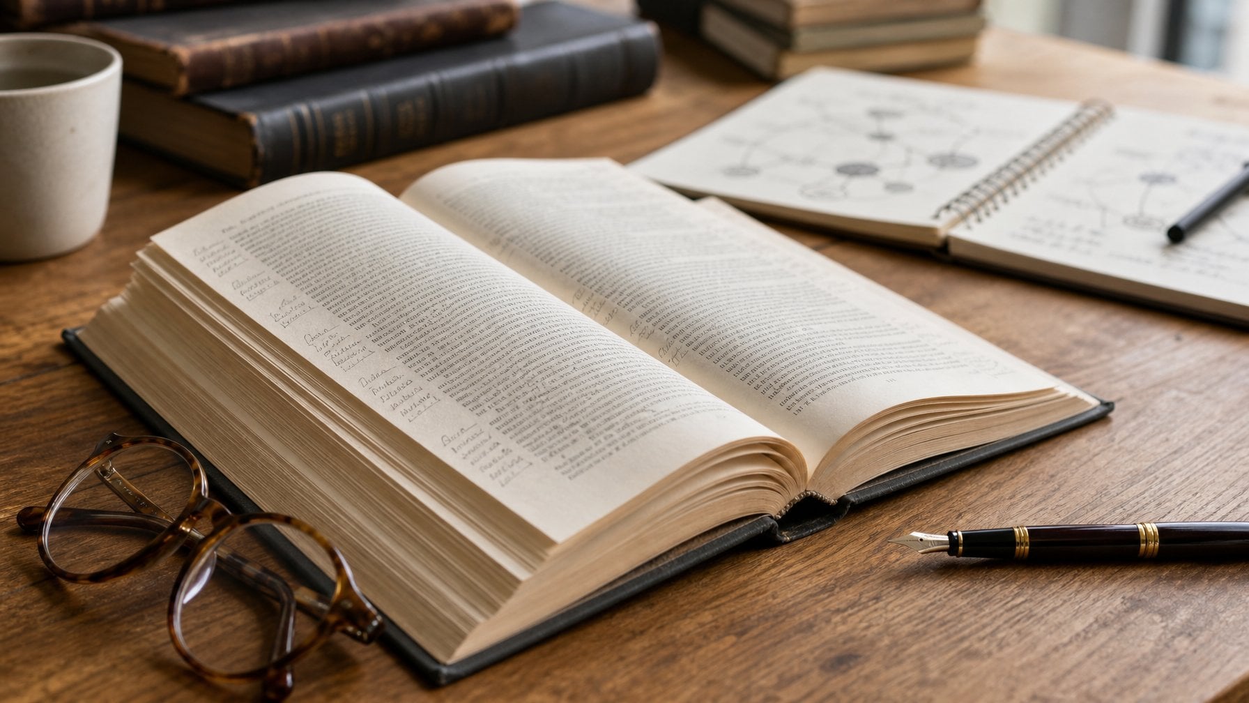 An open book, reading glasses, pen, and notebook arranged on a desk for literary analysis.