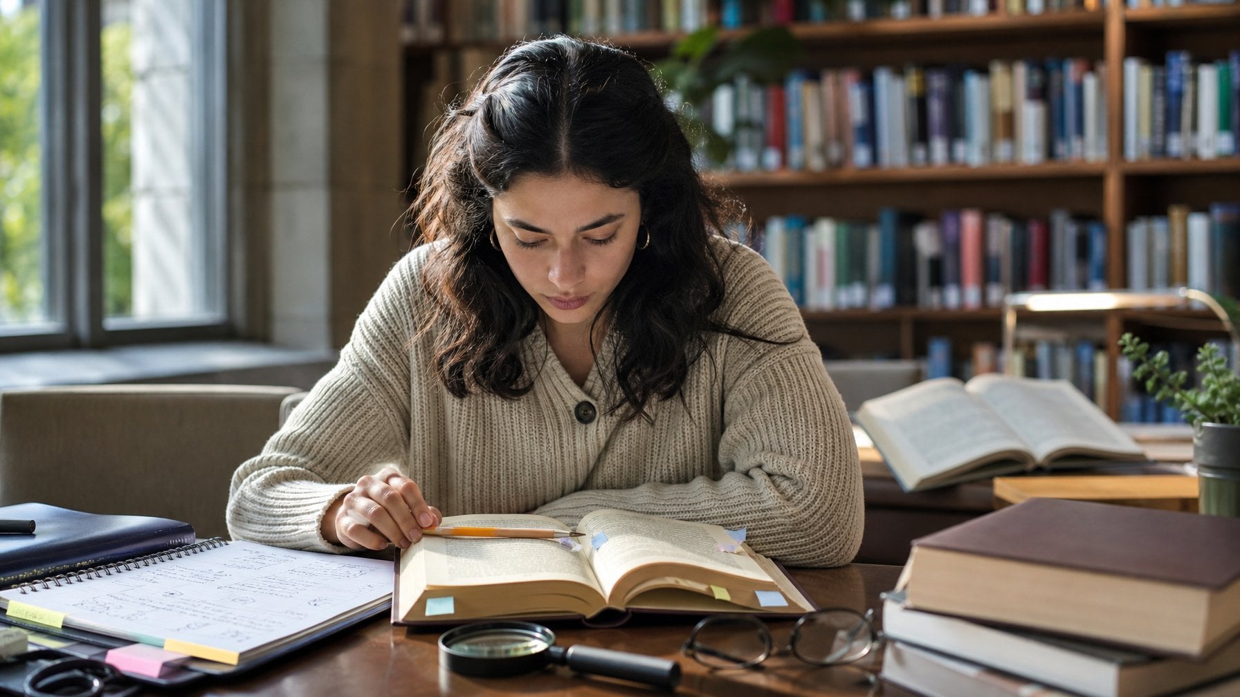 A student thoughtfully studies an open book and takes analytical notes at a library desk.