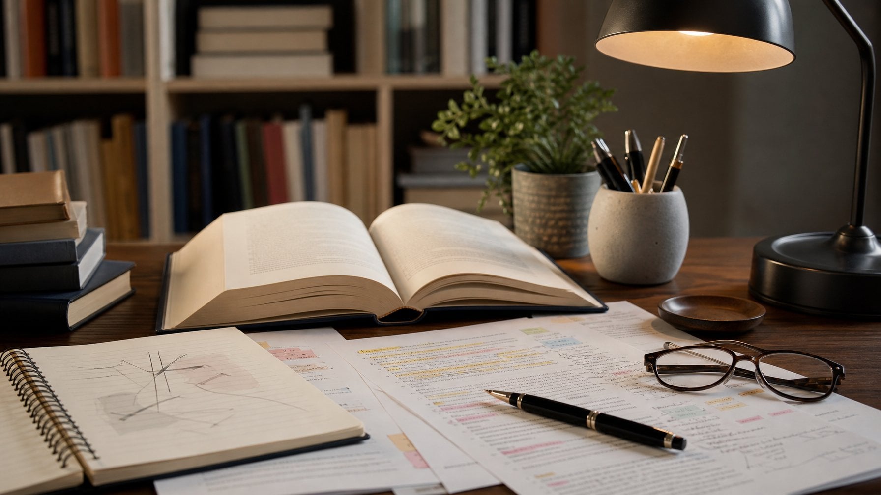 An open book, annotated papers, notebook, pen, and reading glasses arranged on a desk.