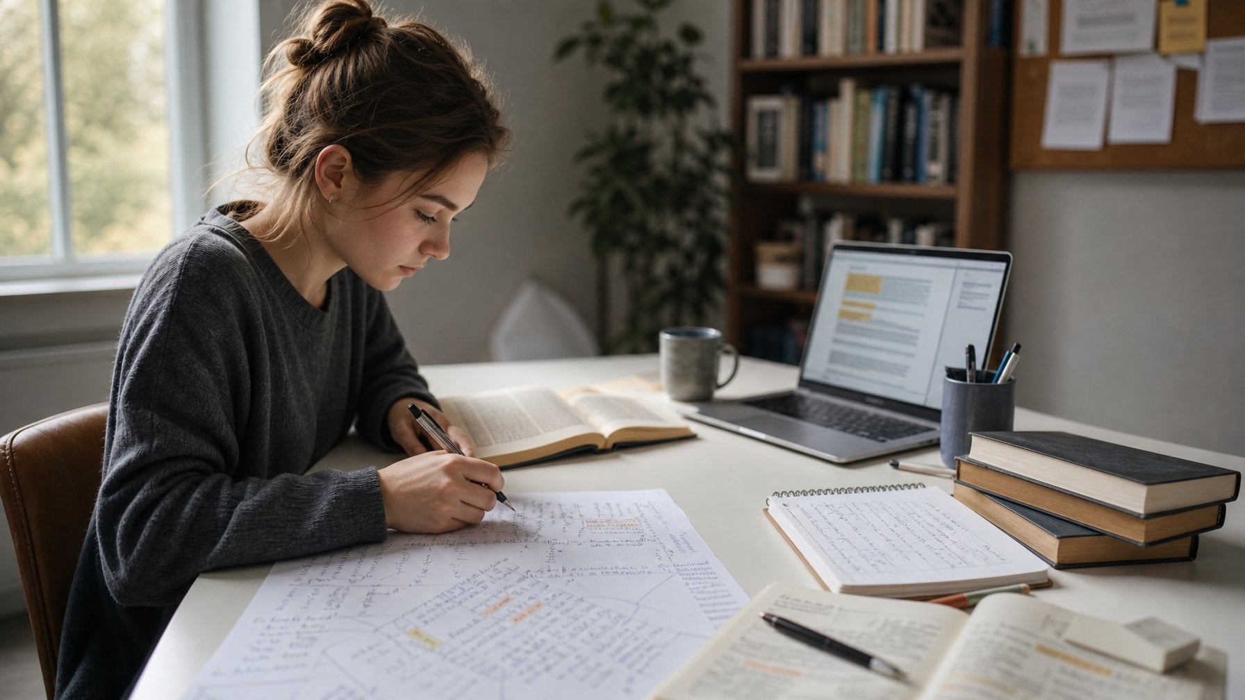 A student analyzes a novel and organized notes at a study desk.