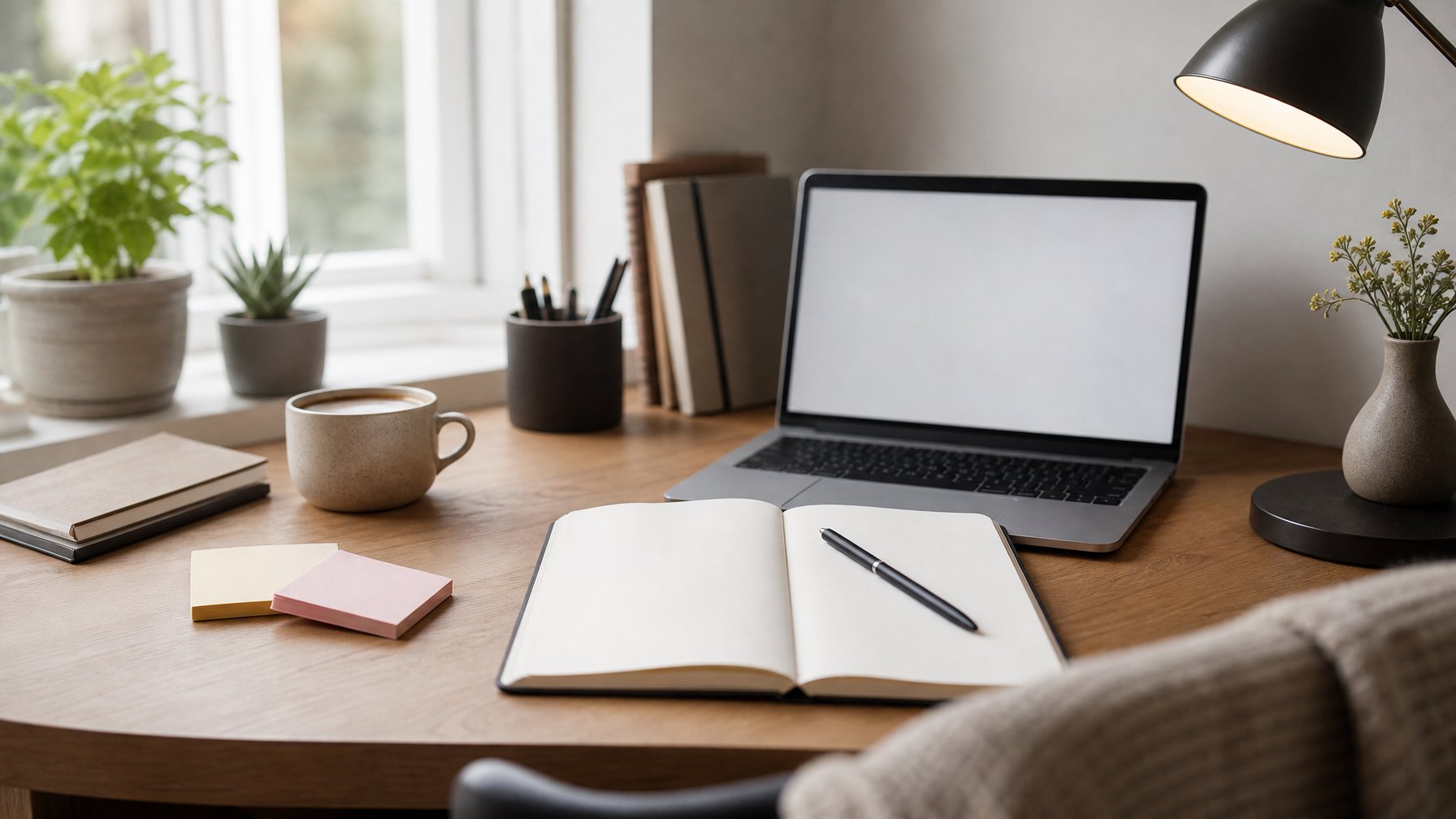 A bright writing desk with an open notebook, pen, laptop, lamp, and cup of coffee.