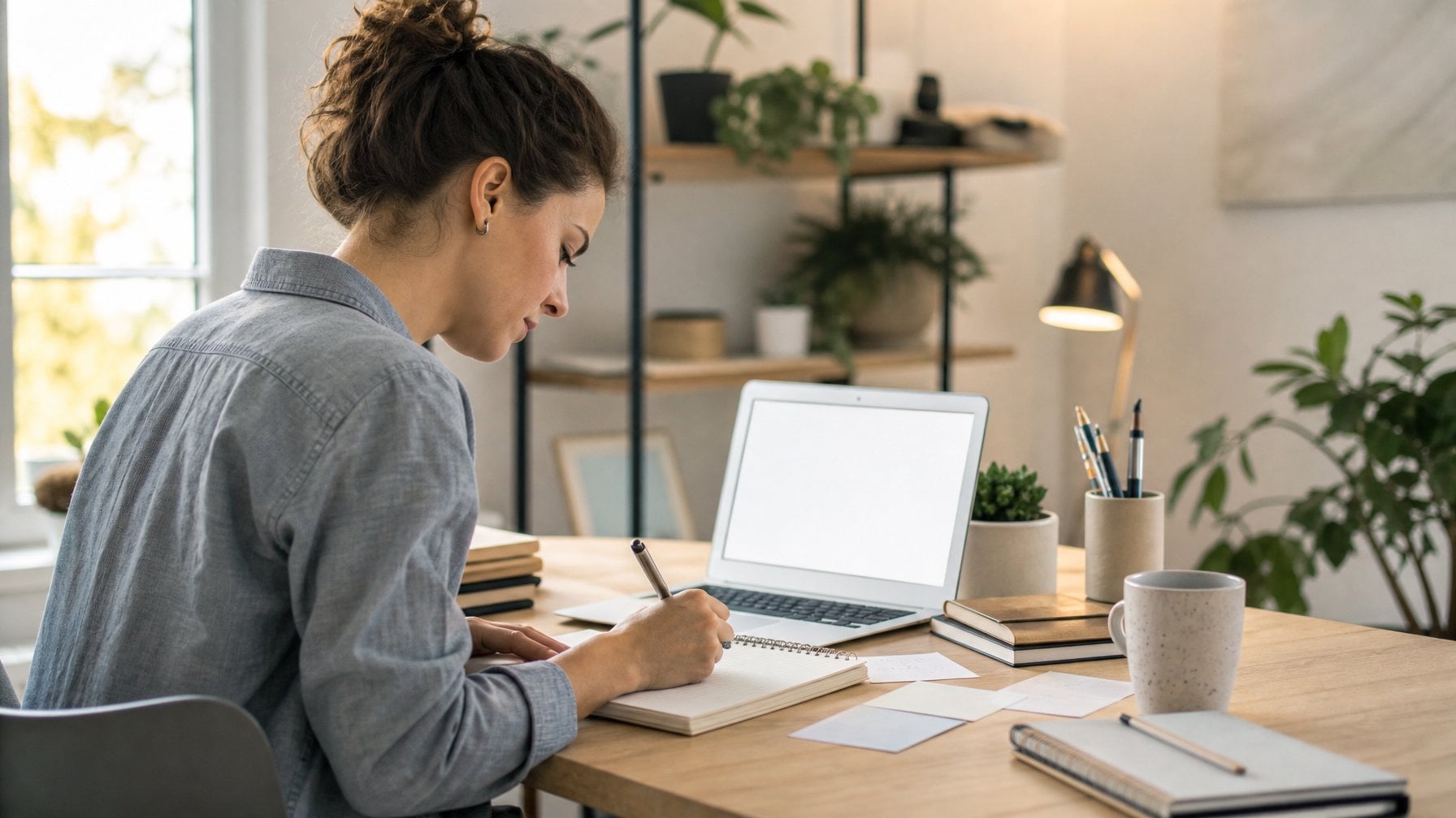 A focused writer develops ideas in a notebook at a desk beside a laptop.