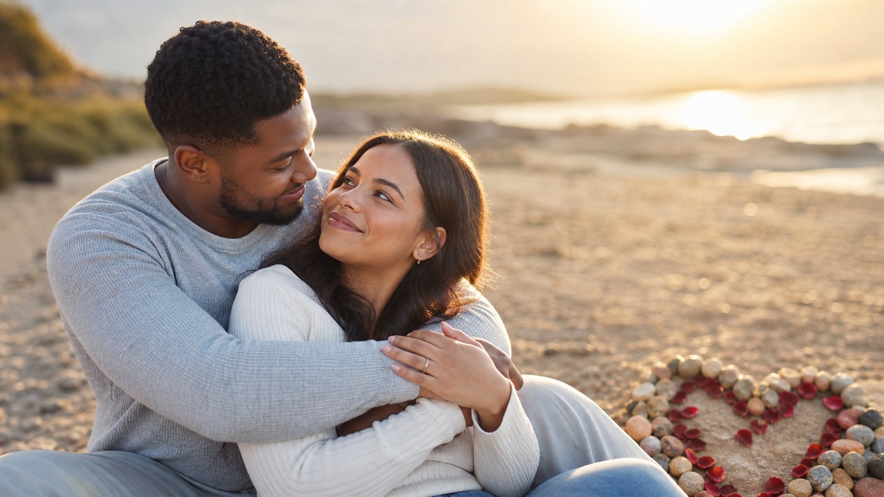A couple shares a tender embrace in a softly lit natural setting.