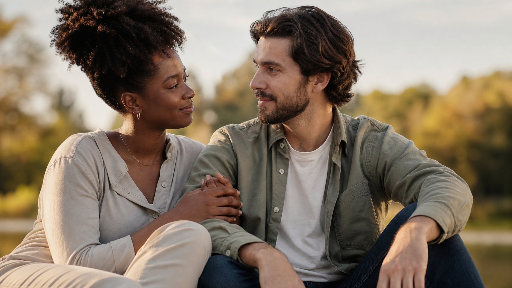 Two people share a tender, affectionate moment outdoors in warm natural light.